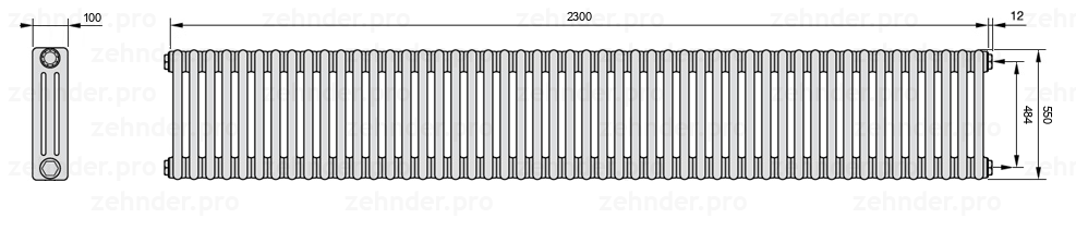 Схема (чертеж) Радиатор Zehnder Charleston 3055/50 №7610 Белый глянцевый RAL 9016